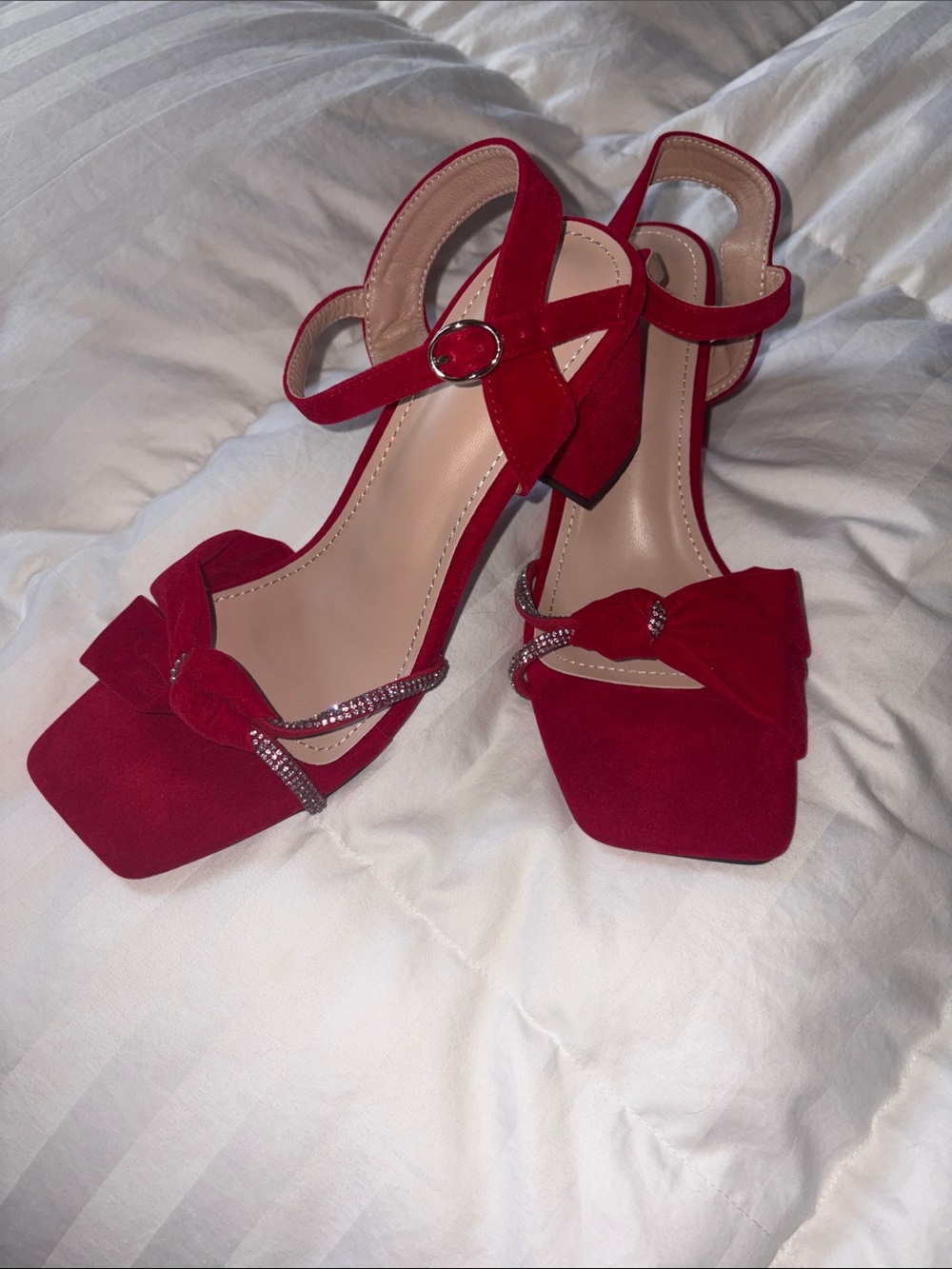 Red Suede Bow Block Heel Sandals - Women's